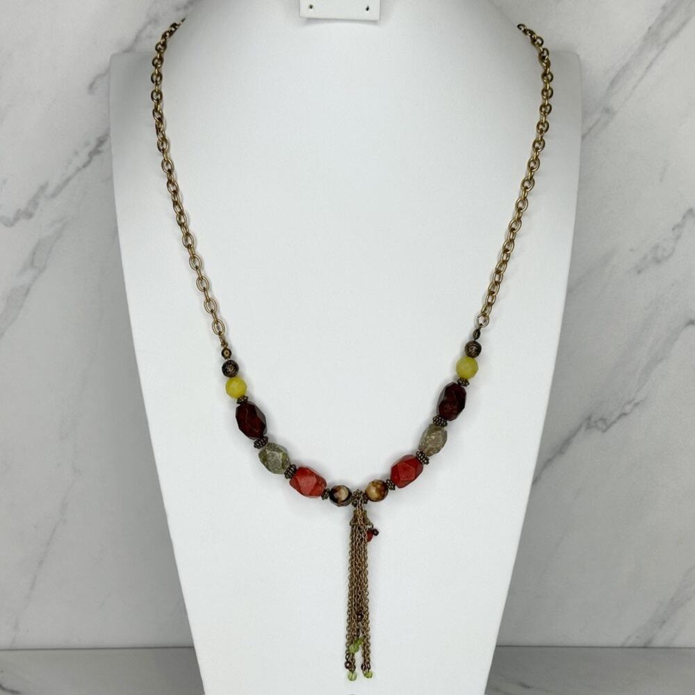 Chico's Vintage Beaded Chain Tassel Necklace Antique Gold Tone Red Amber ✨